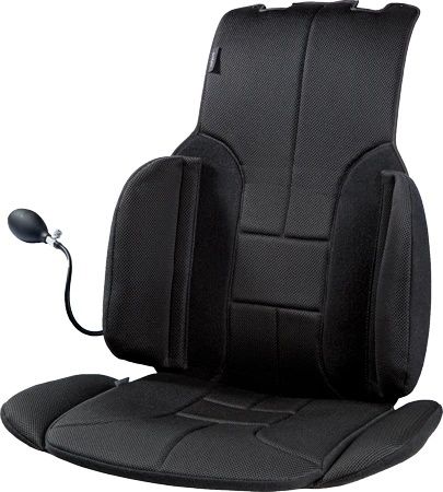 Black padded car seat cushion with back support and hand pump