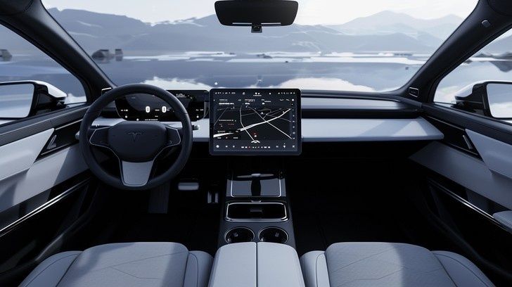 Minimalist car cockpit with a central navigation screen and mountain view